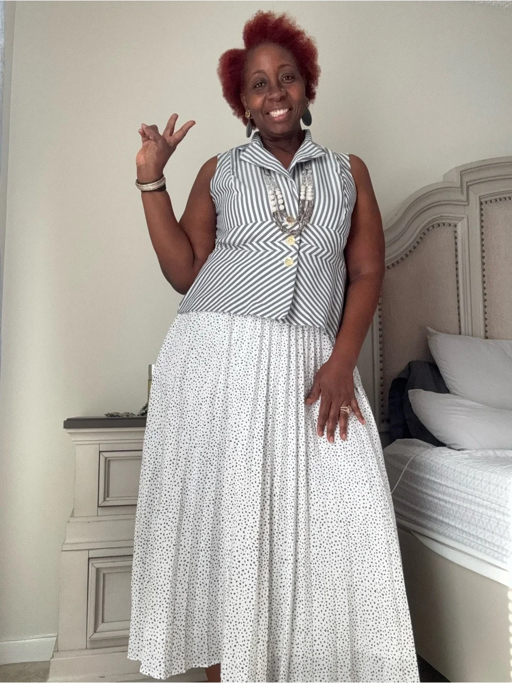 a new day Gray and White Striped Vest with Polka Dot Maxi Skirt Set - Picture 1 of 3